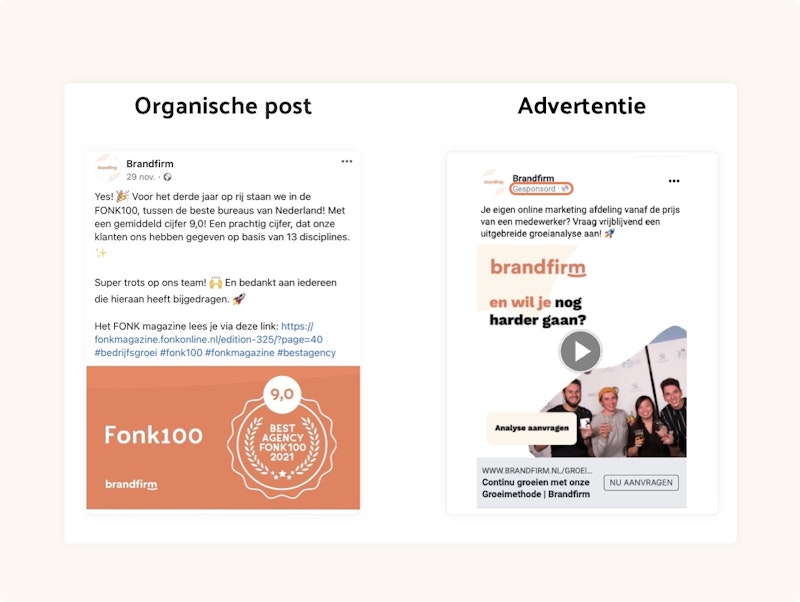 Facebook advertentie vs. organisch bericht Facebook advertentie vs. organisch bericht