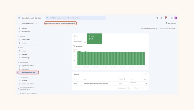 Mobile Usability rapport Google Search Console