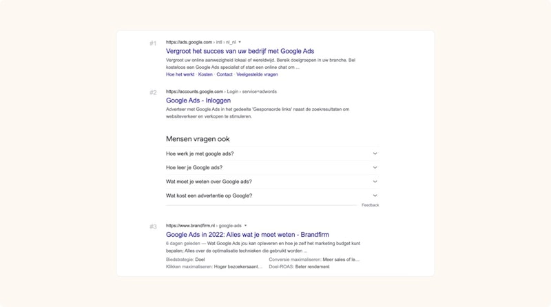 Zoekwoordposities in Google voor de term Google Ads
